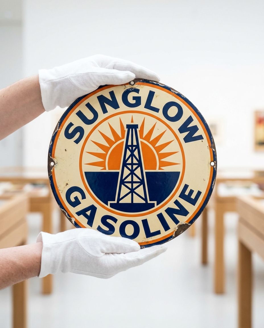 A collector's gloved hands appraising a vintage porcelain petroliana sign