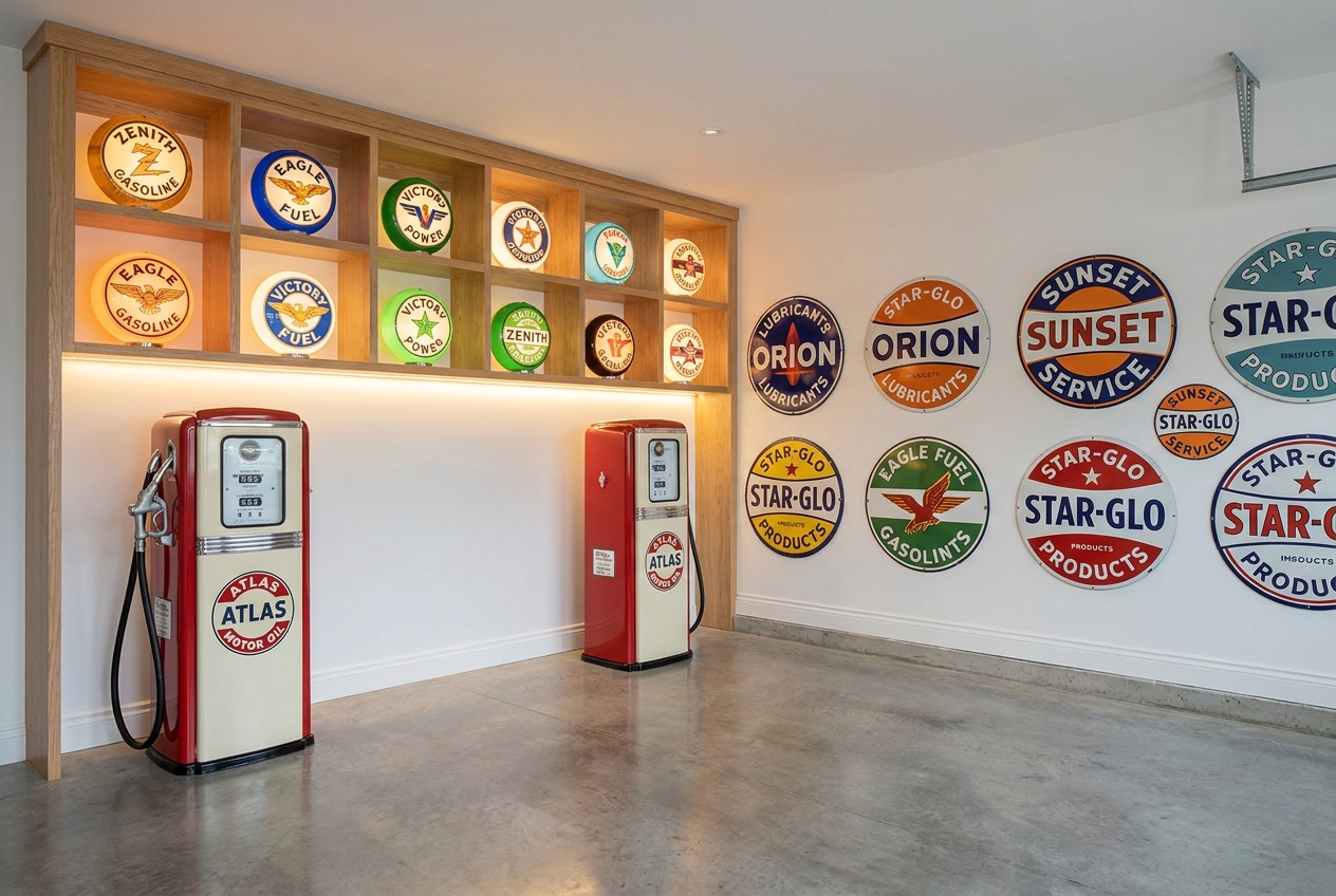 A curated petroliana collection of porcelain signs, restored gas pumps, and glass globes in a bright garage